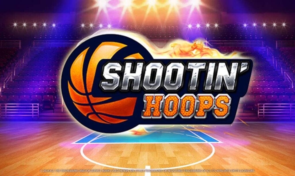 The Shootin’ Hoops title screen. The backdrop is an empty basketball arena with bright lights shining down on the basketball court. In the foreground is the game logo, a flaming basketball, and the game title.