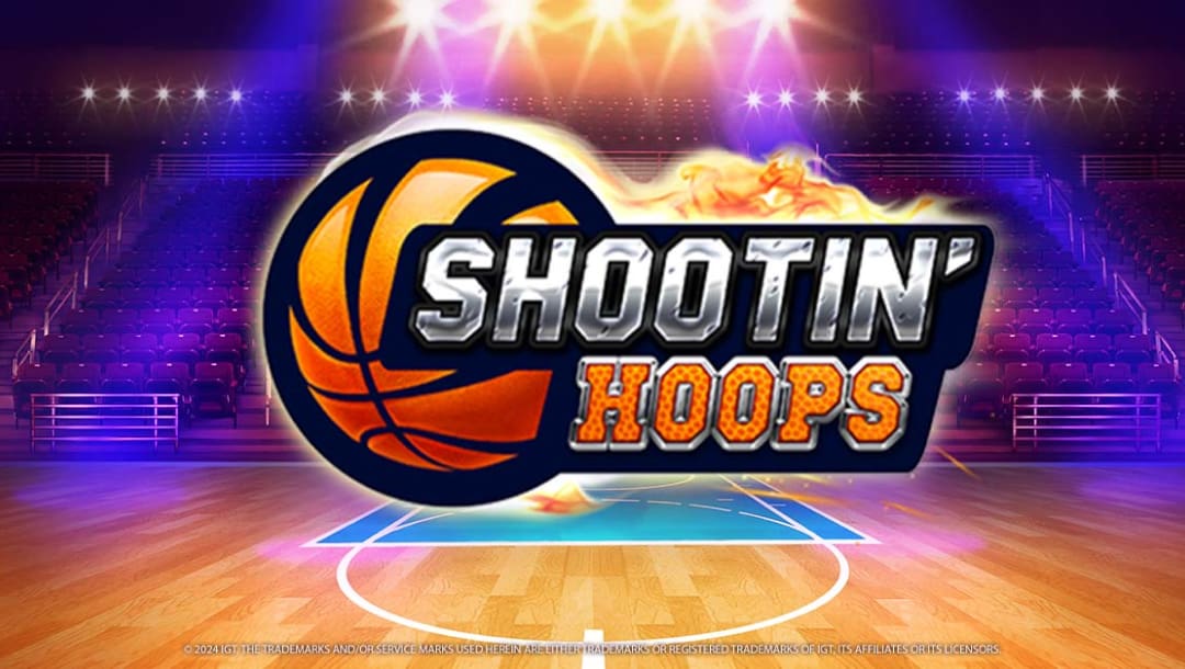 The Shootin’ Hoops title screen. The backdrop is an empty basketball arena with bright lights shining down on the basketball court. In the foreground is the game logo, a flaming basketball, and the game title.