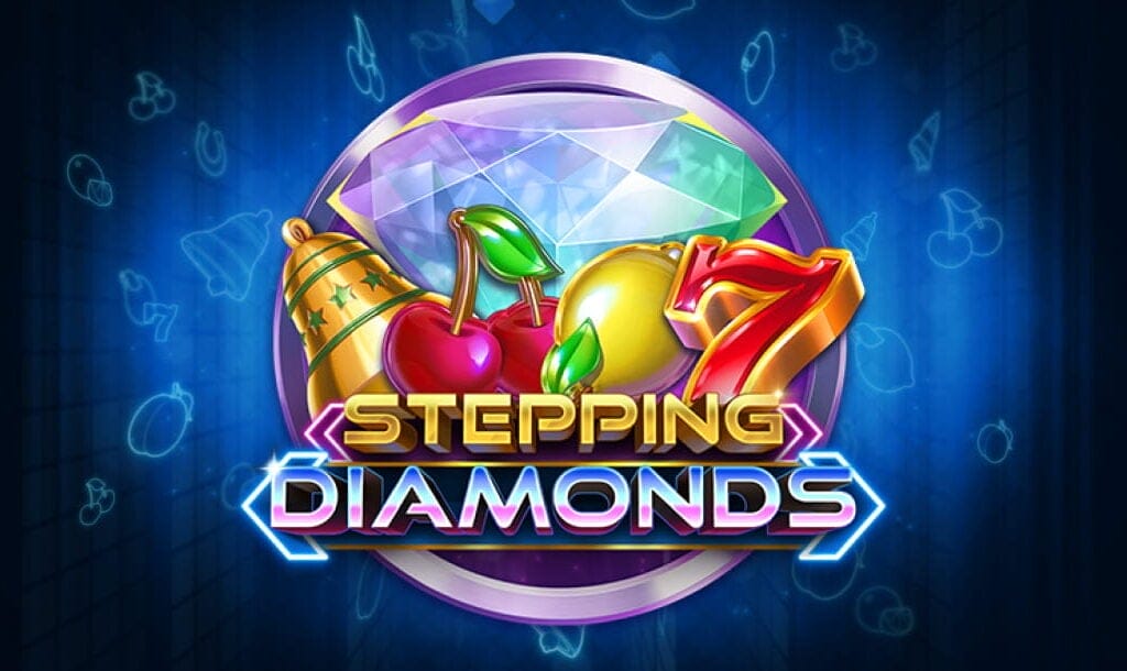 The Stepping Diamonds online slot game banner featuring the game logo, some fruit slot symbols, and a massive diamond, with neon fruit symbols in the background.