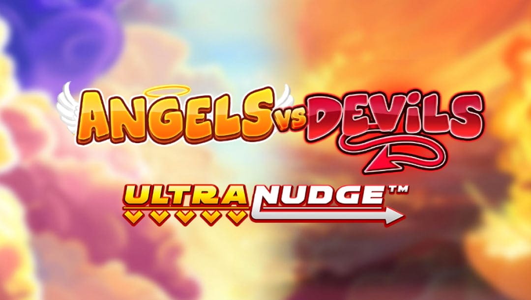 The title screen of Angels vs Devils Ultranudge. In the game logo, the word “Angels” is spelled out in gold bubble letters with angel wings on either side of the word and a halo above the “G”. The word “Devils” is spelled out in red and has a devil’s tail coming off of the “V”. The logo appears on a background of fluffy clouds with gold, blue, and purple hues.