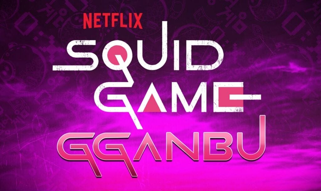 The Squid Game Gganbu online slot game banner featuring the Netflix logo and, below it, the game and TV show logo, all on a purple background.