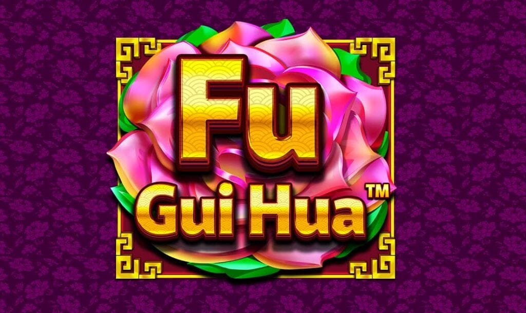 The Fu Gui Hua online slot game banner featuring the game logo on a purple floral background.