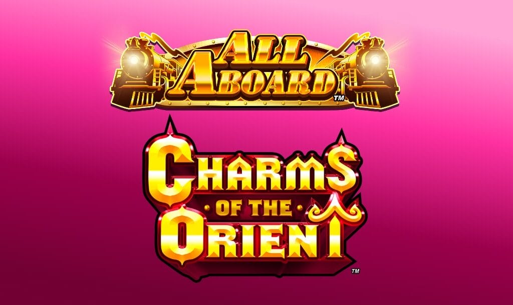 The title screen for All Aboard Charms of the Orient. The game logo appears in bold golden letters. A train is seen on either side of the words “All Aboard” and the logo appears on a purple background.