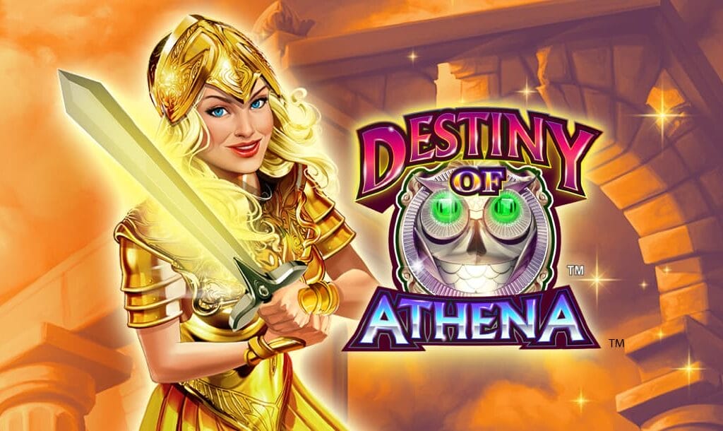 The title screen for Destiny of Athena. A cartoon rendering of Athena in golden armor appears next to the game logo. In the background, there is a stone arch surrounded by clouds. The background also has an orange tone to it.