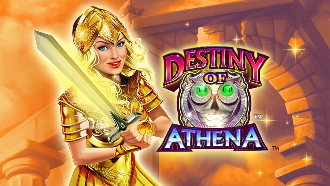 The title screen for Destiny of Athena. A cartoon rendering of Athena in golden armor appears next to the game logo. In the background, there is a stone arch surrounded by clouds. The background also has an orange tone to it.