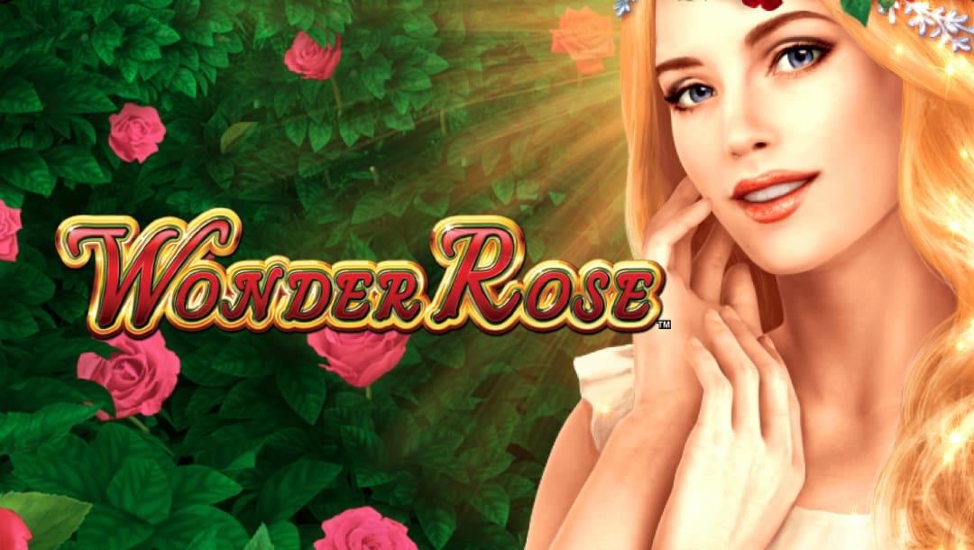 The title screen for Wonder Rose. The image features a beautiful blonde woman holding her hands near her face. She is standing in front of a rose bush filled with pink roses. The game title is placed in front of the rose bush and to the left of the woman.