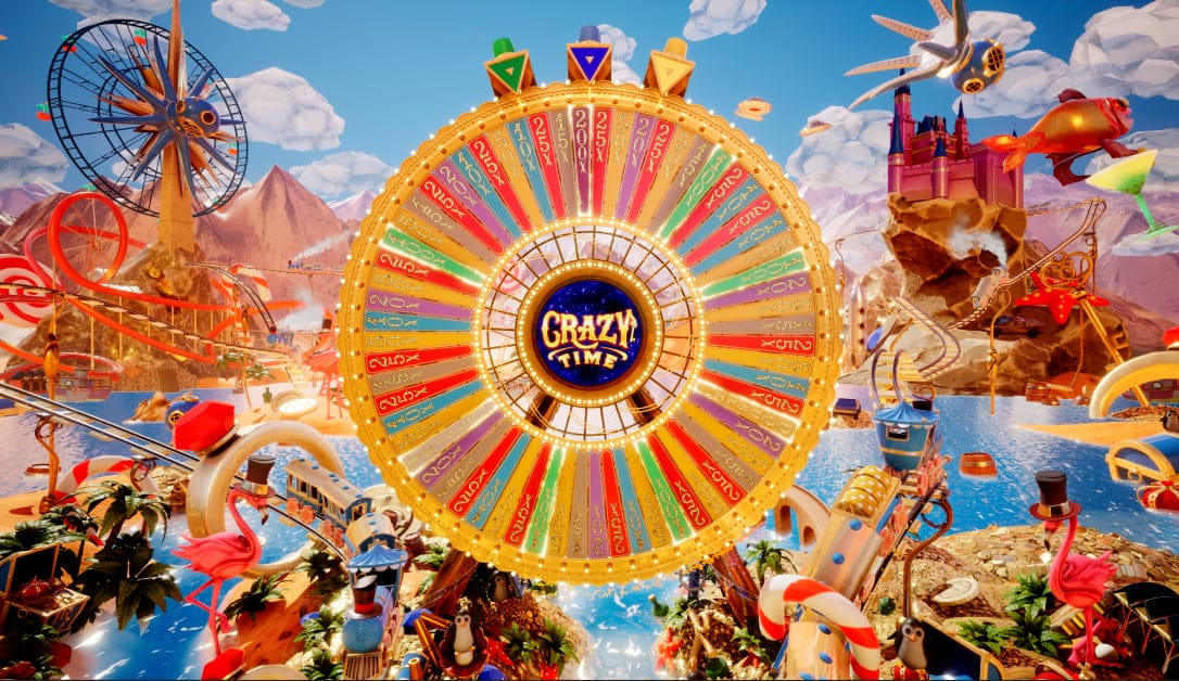 Crazy Time slot game poster with wheel in the centre and carnival scene in the background