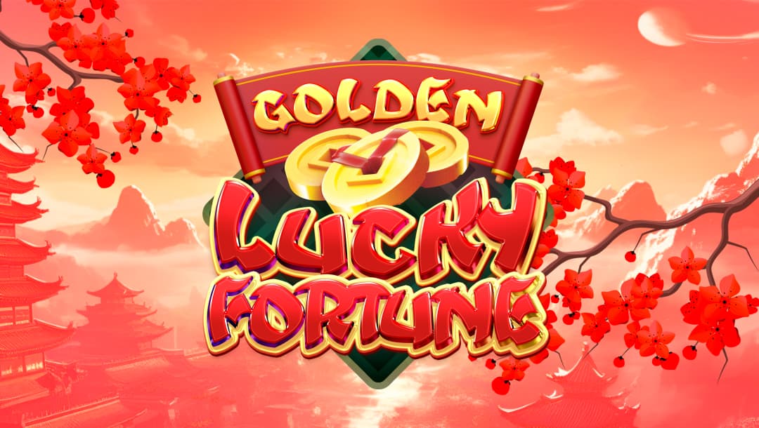A banner image for the 'Golden Lucky Fortune' slot game, featuring a red and gold theme with stylized text and golden coins. The background showcases an elegant Asian-inspired landscape with mountains, traditional pagoda-style buildings, and cherry blossom branches with red flowers. The design conveys a sense of luck, prosperity, and fortune.