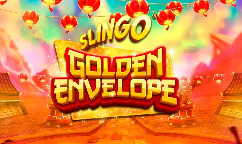 The Slingo Golden Envelope title screen with the title front and center written in gold and red on a solid gold card background. Statues and traditional Chinese statues and architecture stand to each side, while lanterns float in a colorful sky.