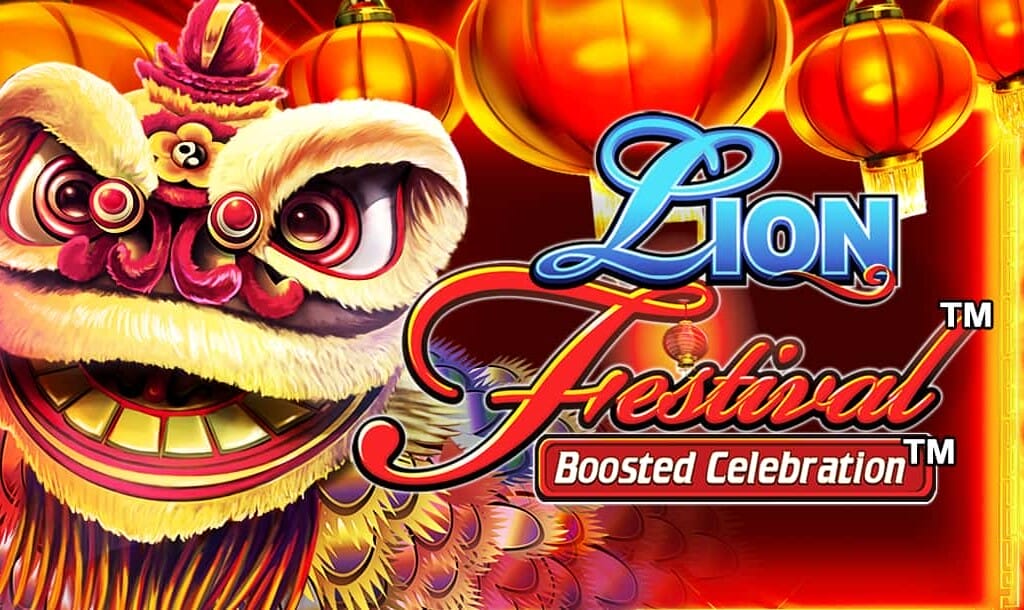 The Lion Festival Boosted Celebration title screen. The background features an ornate festival float lion on the left and glowing red lanterns on the right. In the foreground is the game title Lion Festival Boosted Celebration. The word Lion is in a blue cursive font and the word Festival is in a red cursive font. Below this is the words Boosted Celebration in a bold white font against a red plaque.