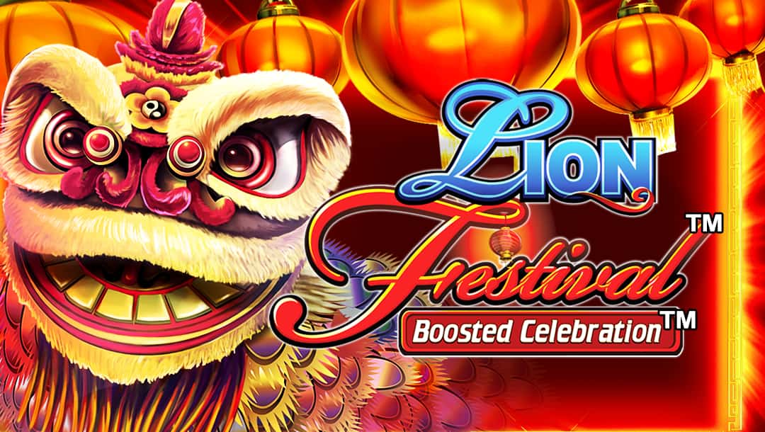 The Lion Festival Boosted Celebration title screen. The background features an ornate festival float lion on the left and glowing red lanterns on the right. In the foreground is the game title Lion Festival Boosted Celebration. The word Lion is in a blue cursive font and the word Festival is in a red cursive font. Below this is the words Boosted Celebration in a bold white font against a red plaque.