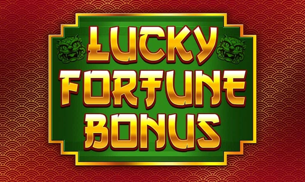 A bold, vibrant title screen for the 'Lucky Fortune Bonus' game. The text is styled in gold with a red outline against a rich green background, framed with a golden border. The backdrop features a traditional red and gold pattern with subtle wave motifs, reminiscent of classic Chinese designs. Small dragon-like illustrations add an extra element of fortune and mysticism to the design.