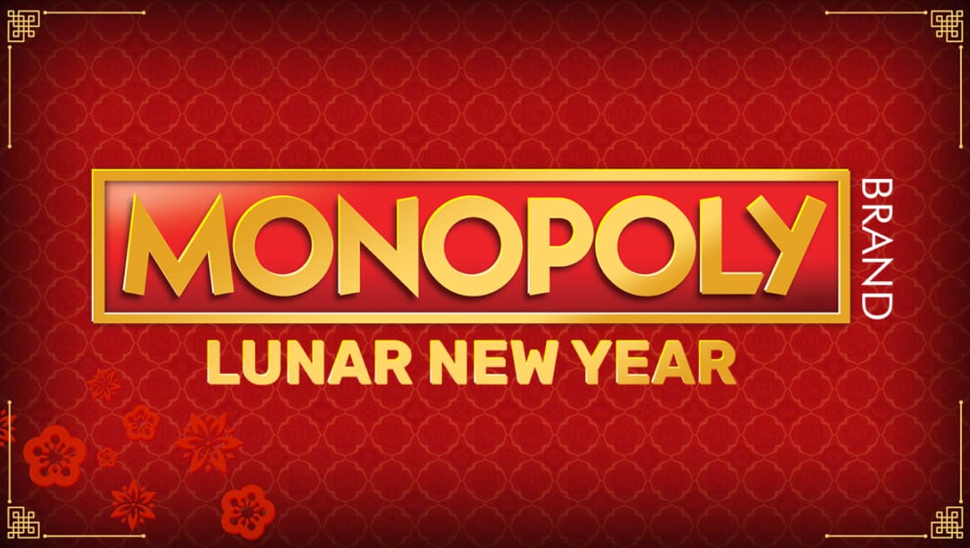 A promotional image for 'Monopoly Lunar New Year,' featuring a rich red background with an intricate pattern inspired by traditional Chinese designs. The golden 'Monopoly' logo is prominently displayed in bold letters, with 'Lunar New Year' written below it in a matching gold font. The design includes decorative elements such as floral motifs and golden corner embellishments, reinforcing the festive theme of the Lunar New Year.