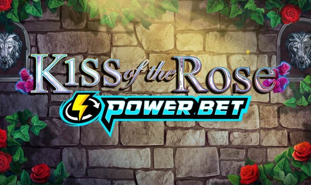 The title screen of the slot game Kiss of the Rose: Power Bet featuring elegant, medieval-style lettering against a stone castle wall. The words Kiss of the Rose are adorned with roses and vines, while the 'Power Bet' logo has a bold, lightning-themed design. Two lion head carvings are visible on either side of the wall, adding a regal and mysterious atmosphere.