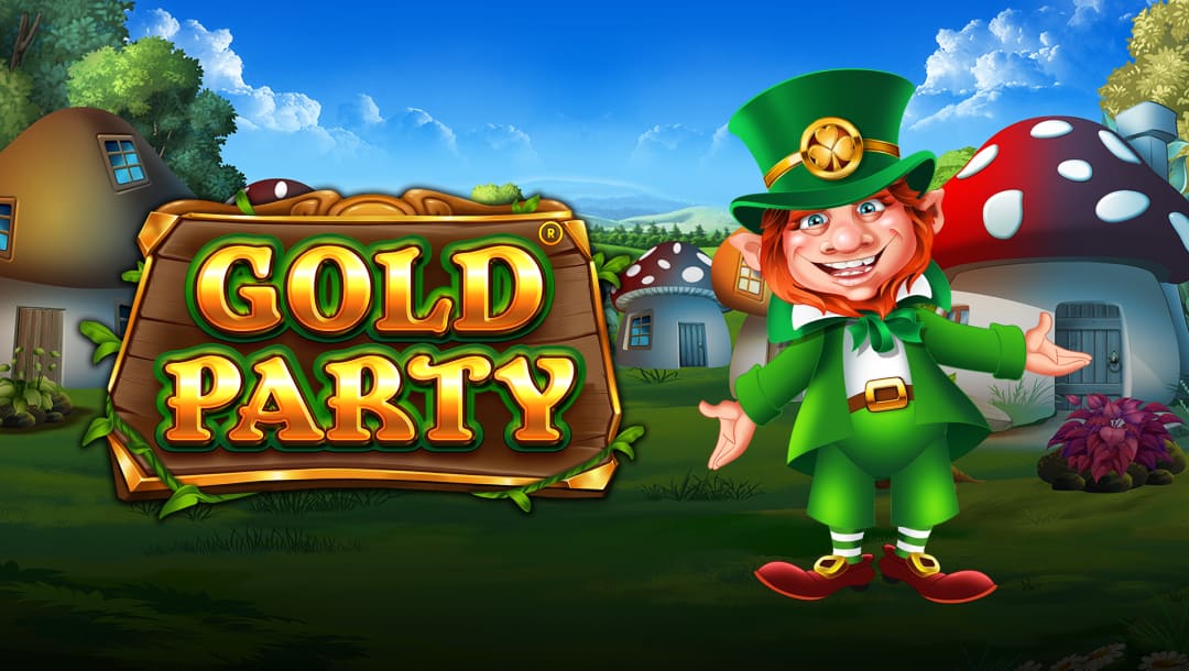 The Gold Party title screen. The background has a quaint mushroom village with blue skies above. In the foreground is the game’s leprechaun mascot and the game’s logo and title.