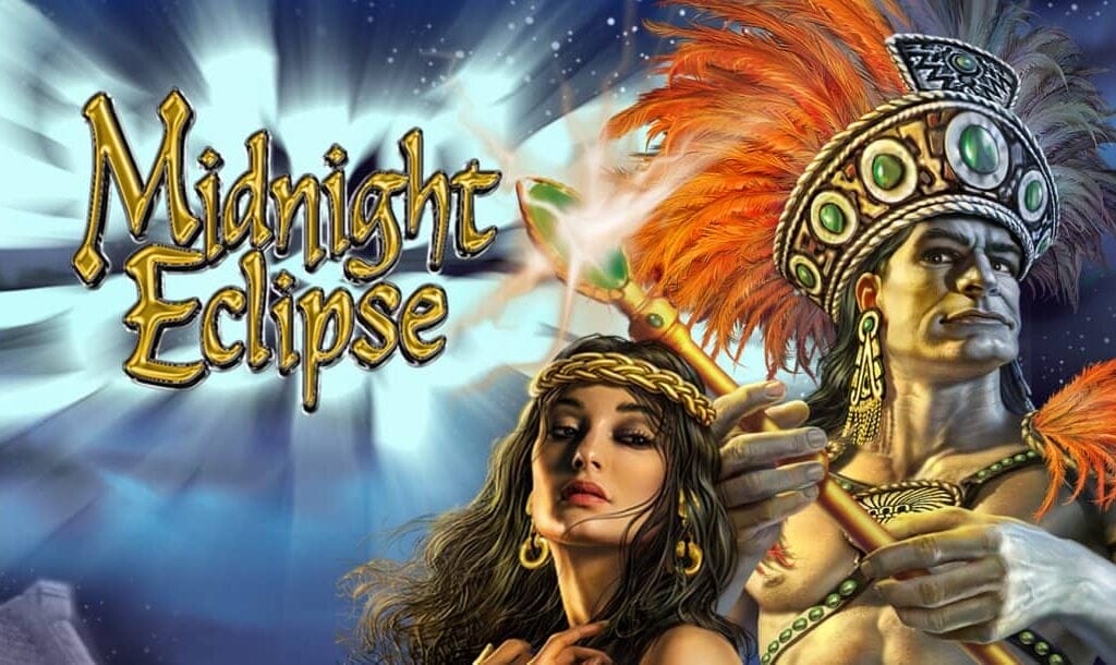 The Midnight Eclipse online slot game banner featuring the game logo, with two of the game characters in the right hand side of the image, with a starry night sky in the background.