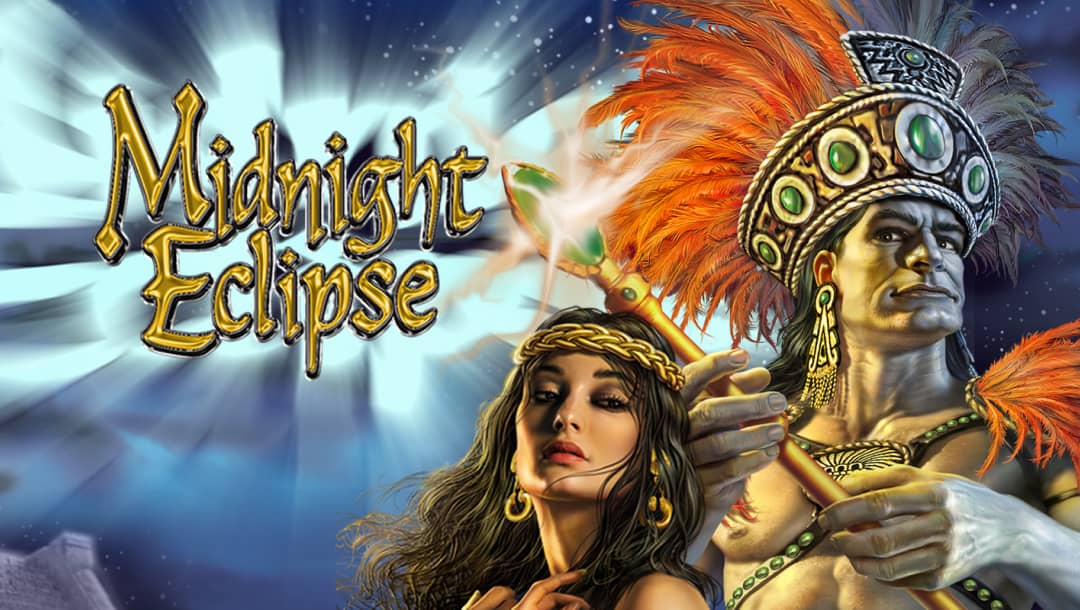 The Midnight Eclipse online slot game banner featuring the game logo, with two of the game characters in the right hand side of the image, with a starry night sky in the background.