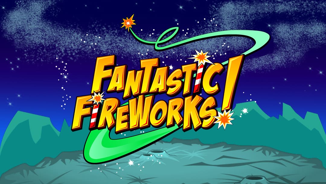 A cartoon-style image of a green moon-like surface with mountains in the distance. The sky is filled with stars and smoke. In the foreground is the game title Fantastic Fireworks in a bold font with orange and yellow colors. The letter i in both words has a lit firework.