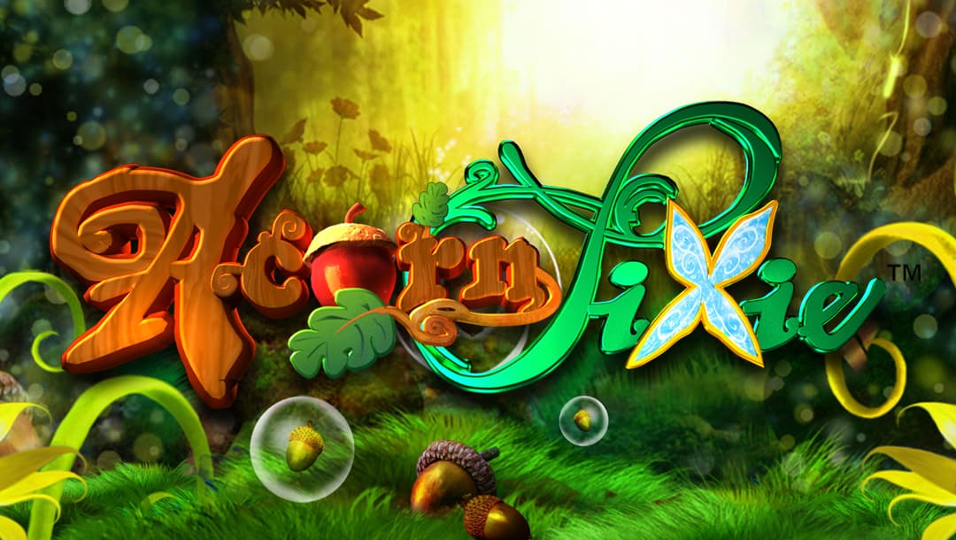 The Acorn Pixie title screen. The background is a lush forest with the sun brightly shining through a gap in the trees. In the foreground is the game title in a natural, cursive-style font. The word “acorn” has a wooden appearance while the word “pixie” has a shiny green appearance.