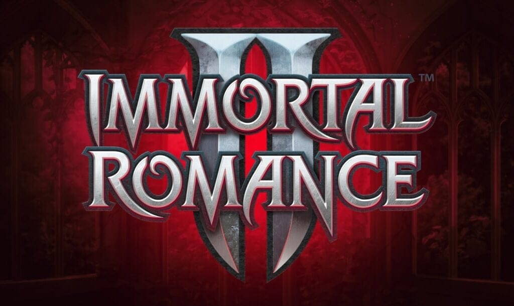 The Immortal Romance II title screen. The background is the interior of a dark cathedral overgrown with vines and bathed in red light. In the foreground is the game title in a gothic style font.