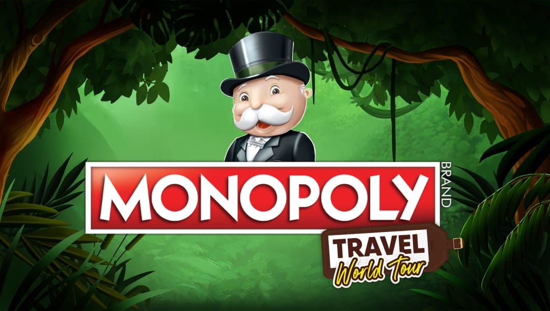 Mr Monopoly and the Monopoly Travel World Tour title in the center of the screen. The background is a lush green jungle