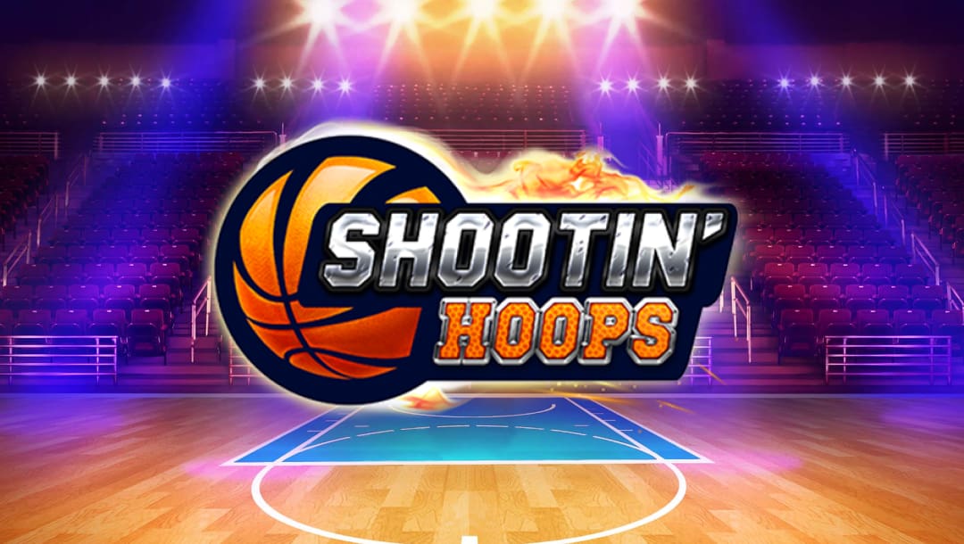 The Shootin’ Hoops online casino game title screen. The title appears in a bold font. The word Shootin’ is a metallic silver color while the word Hoops is orange with a silver outline. A basketball with fire on it is behind the title. The background is a basketball court.