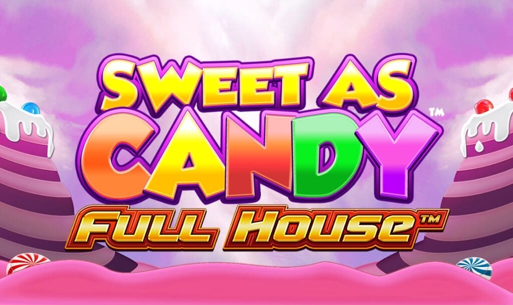 The Sweet As Candy Full House online slot game banner with the logo set against a whimsical candy-themed background. The game title Sweet As Candy is in bold, multicolored, glossy letters, resembling sugary treats. Below it are the words Full House in a bold orange font. The backdrop features layered cake-like hills decorated with icing, colorful candies, and peppermint swirls, giving a playful and deliciously sweet aesthetic.