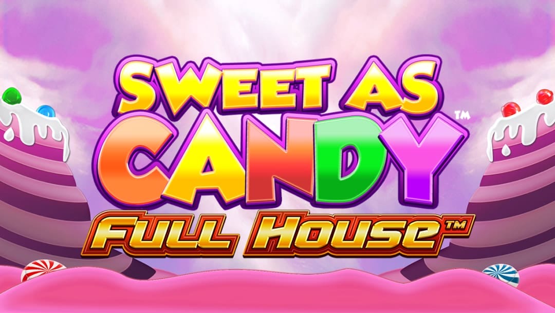 The Sweet As Candy Full House online slot game banner with the logo set against a whimsical candy-themed background. The game title Sweet As Candy is in bold, multicolored, glossy letters, resembling sugary treats. Below it are the words Full House in a bold orange font. The backdrop features layered cake-like hills decorated with icing, colorful candies, and peppermint swirls, giving a playful and deliciously sweet aesthetic.