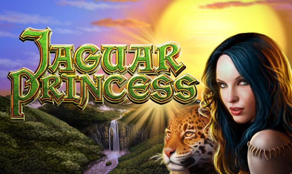 The Jaguar Princess title screen. The background is an aerial view of a jungle with a big waterfall and the sun rising over it. In the foreground on the right is the Jaguar Princess with a jaguar. On the left is the game’s title.