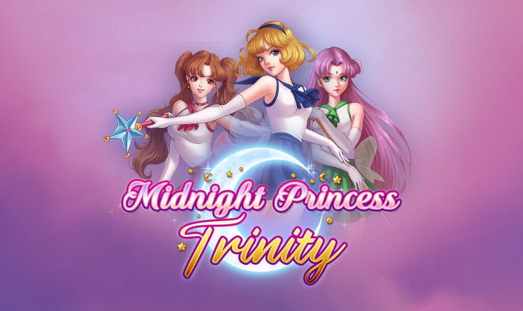 A promotional image for Midnight Princess Trinity, a slot game featuring three anime-style magical princesses. The central character is a blonde-haired princess in a navy and white sailor-style outfit, holding a glowing blue magical staff. To her left is a brown-haired princess in a sailor-style outfit with red accents, and to her right, a pink-haired princess in a sailor-style outfit with green accents. The background is a dreamy gradient of soft pink and purple hues with magical sparkles surrounding the game’s title in an elegant, glowing script.