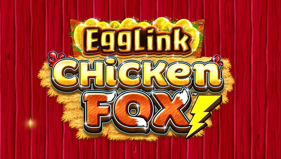 The EggLink ChickenFox online slot game banner. The title is displayed in bold, playful lettering with a farm-themed design. The word “EggLink” appears in a golden, egg-shaped banner, while the “Chicken Fox” is styled with hay-textured letters, featuring a fox tail and a lightning bolt. The background has a red, wooden barn texture, enhancing the farmyard theme.