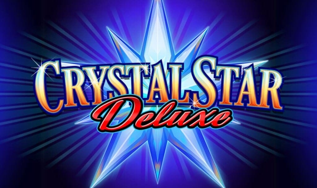 The Crystal Star Deluxe online slot game banner. The title is displayed in bold, glowing lettering with a mix of blue, white, and red colors. Behind the text, a radiant, multi-pointed crystal star shines brightly against a deep blue background with light streaks, creating a dazzling and luxurious aesthetic.