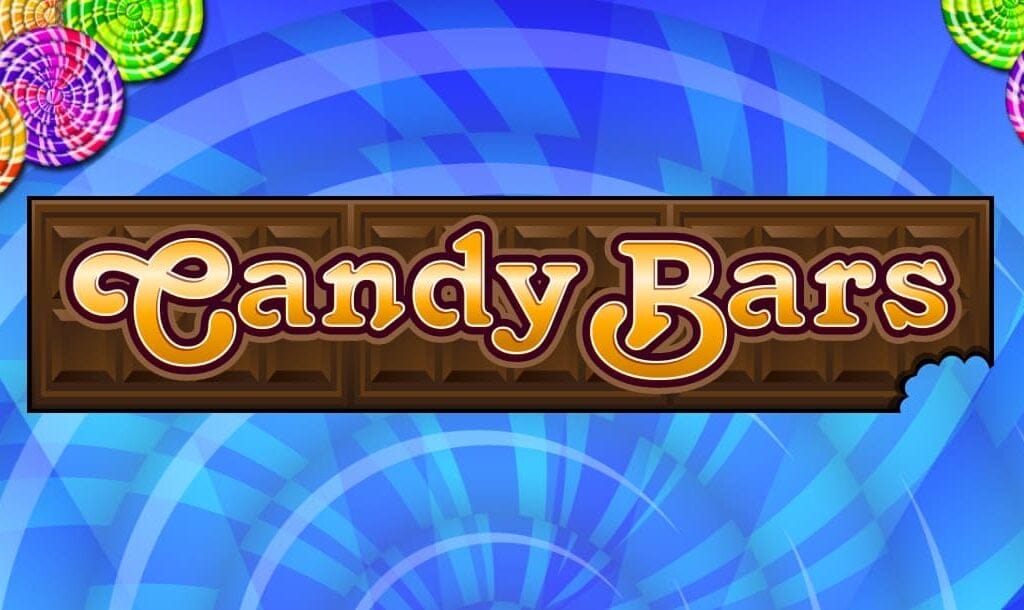 The Candy Bars slot title screen. The background is a swirling, blue shape with circular candies in the upper corners. In the foreground is a candy bar with a bite taken out of it. The game title is in front of the candy bar.