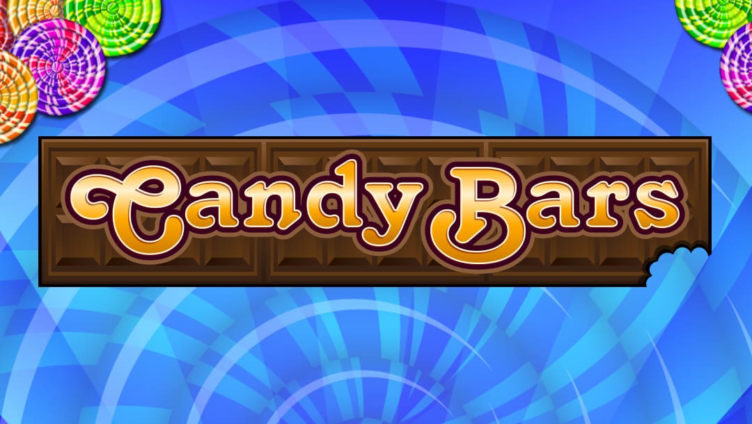 The Candy Bars slot title screen. The background is a swirling, blue shape with circular candies in the upper corners. In the foreground is a candy bar with a bite taken out of it. The game title is in front of the candy bar.