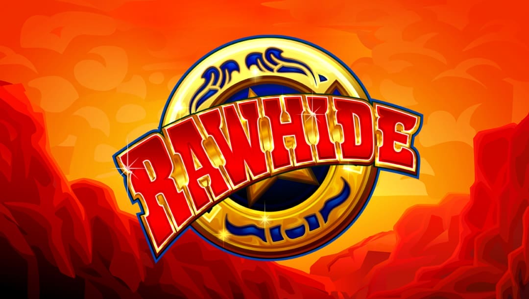 The Rawhide online slot game banner featuring the game logo, with a stylized mountain range and orange sky in the background.