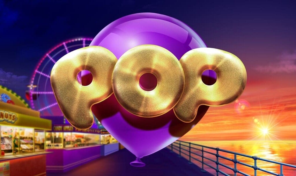 A banner for the slot game POP, featuring a large, shiny purple balloon with the word POP in bold, golden letters floating over it. The background showcases a vibrant boardwalk scene at sunset, with a Ferris wheel glowing in the distance and food stalls, including a donut shop, lining the pier. The sky is a blend of deep purples, oranges, and pinks, creating a festive and playful atmosphere.