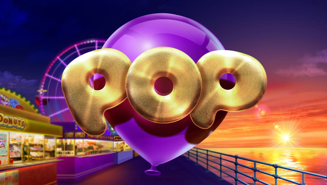 A banner for the slot game POP, featuring a large, shiny purple balloon with the word POP in bold, golden letters floating over it. The background showcases a vibrant boardwalk scene at sunset, with a Ferris wheel glowing in the distance and food stalls, including a donut shop, lining the pier. The sky is a blend of deep purples, oranges, and pinks, creating a festive and playful atmosphere.