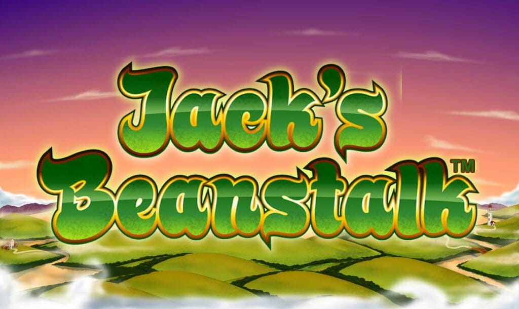 The Jack’s Beanstalk slot title screen. The background is a view of farmlands from high above the clouds. The game title is visible in the foreground in a fantasy-style green font with a gold and dark green outline.