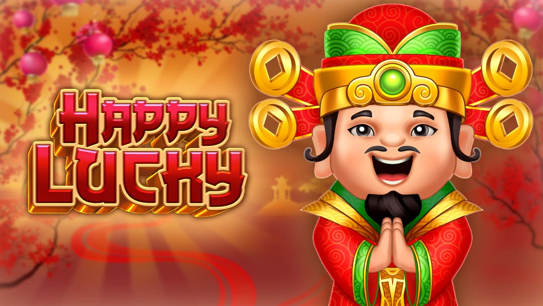 The Happy Lucky online slot game banner featuring the game logo for Happy Lucky and a cheerful, cartoon-style Chinese god of wealth dressed in a red and gold traditional outfit. He wears a golden headdress adorned with coins and has his hands together in a welcoming gesture. The background is decorated with cherry blossoms, glowing lanterns, and a soft golden light, evoking a festive and prosperous atmosphere.