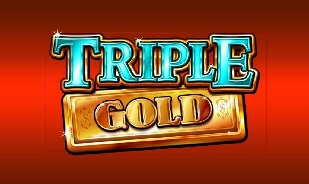 A logo for the Triple Gold slot game, featuring bold, blue lettering for the word Triple and a shiny gold plaque with the word Gold engraved in a rich, metallic font. The background transitions from deep red to a lighter gradient, adding a classic casino-style aesthetic with subtle sparkles on the gold elements.