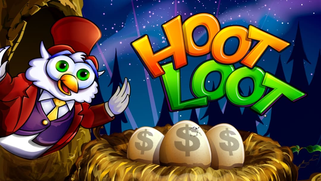 The title screen of Hoot Loot, a cartoon-style slot game featuring an animated owl wearing a red top hat and suit, standing beside a nest filled with golden eggs marked with dollar signs. The background depicts a nighttime forest scene with a starry sky. The game’s title is displayed in large, colorful letters.