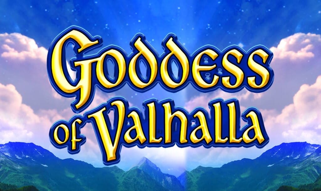 The Goddess of Valhalla slot game banner. The title is displayed in bold, golden text with a blue outline against a bright, radiant sky. The background features a scenic view of lush green mountains and clouds, creating a mythical and majestic atmosphere.