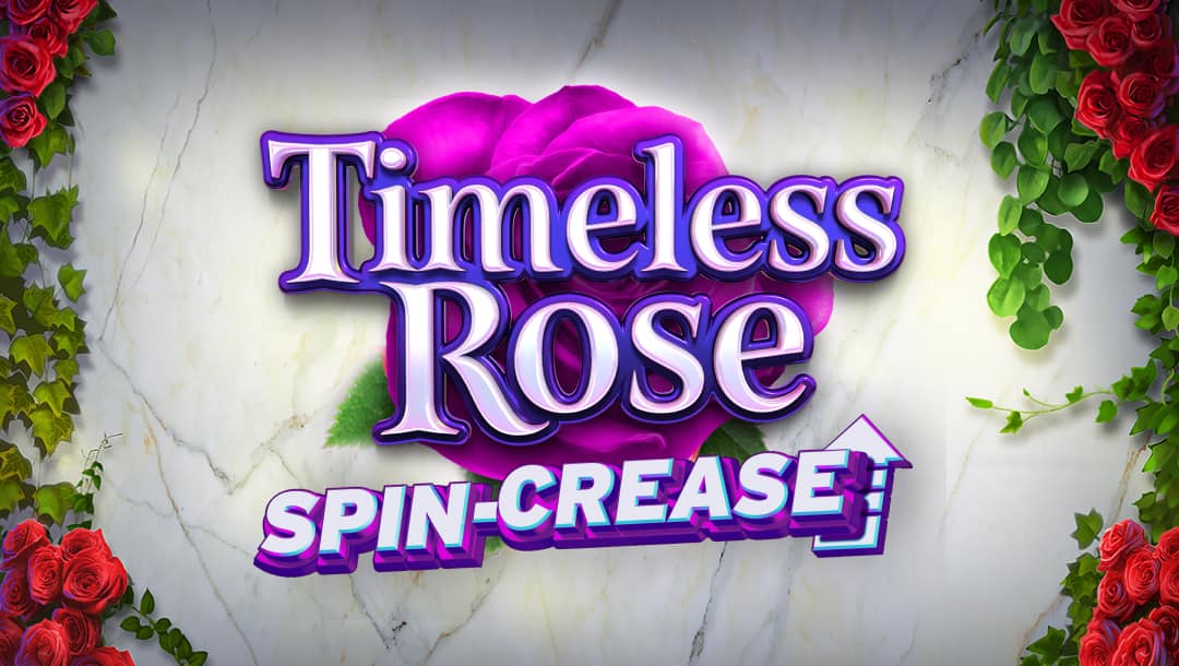 The Timeless Rose slot game’s title screen. The words “Timeless Rose Spin-Crease” appear over a large purple rose in silver letters with purple borders. The background is an off-white stone wall. Clusters of roses run up on both sides of the wall.