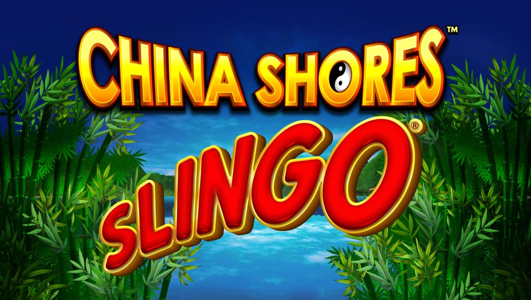 The title screen for the China Shores Slingo online game. The title is front and center with China Shores in gold with a red outline and with a Yin-Yang sign in the O of Shores. Slingo is in red with a gold outline. The background is a small lake surrounded by a bamboo forest. The sky is darkening as night falls.