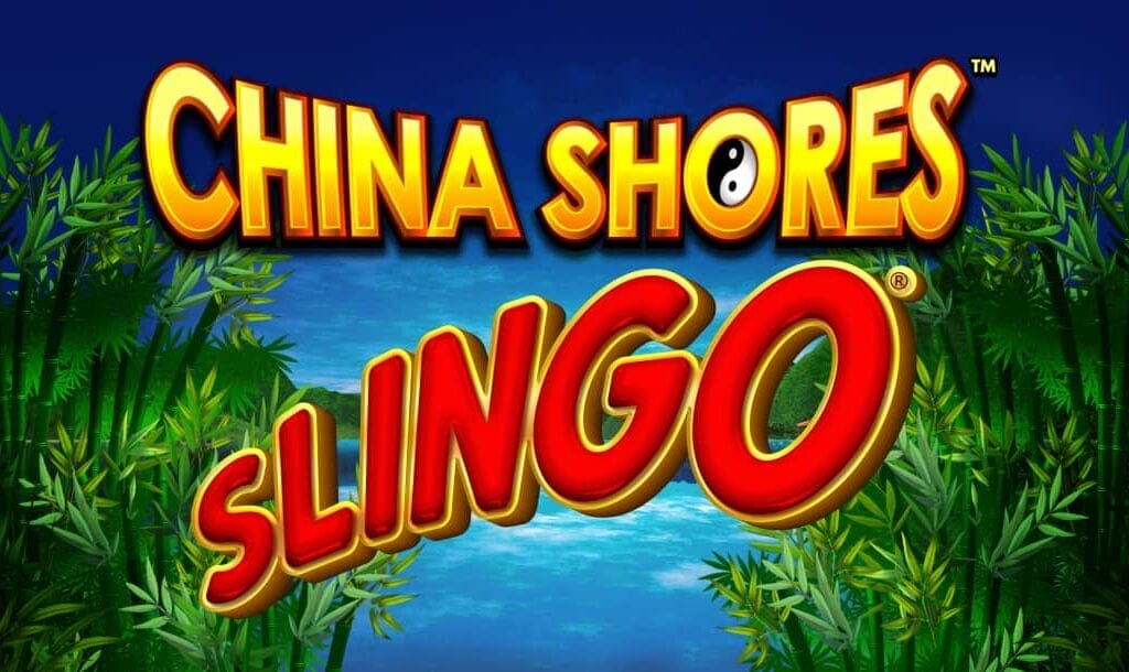 The China Shores Slingo title screen. The background is a beautiful lake reflecting a picturesque sky. There are bamboo shoots on either side of the lake. In the foreground is the game title.