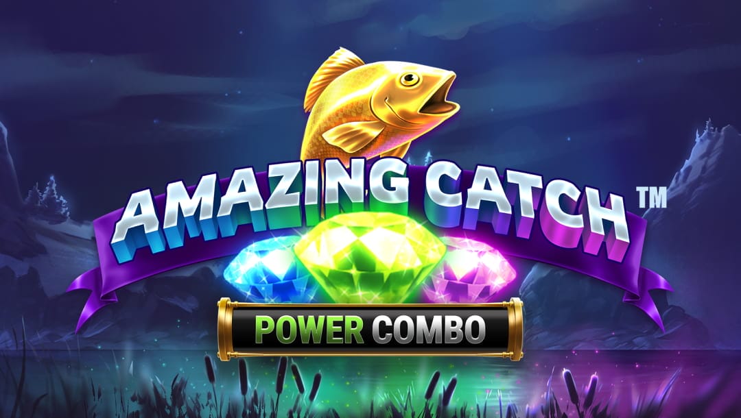 The Amazing Catch Power Combo title screen. The background shows snow-covered hills next to a lake at night. The lake is glowing with blue, green, and purple lights. In the foreground is the game title “Amazing Catch” in a silver font with blue, green, and purple lighting and a golden fish above it. Below it is the text “Power Combo” with a blue, green, and purple gem.