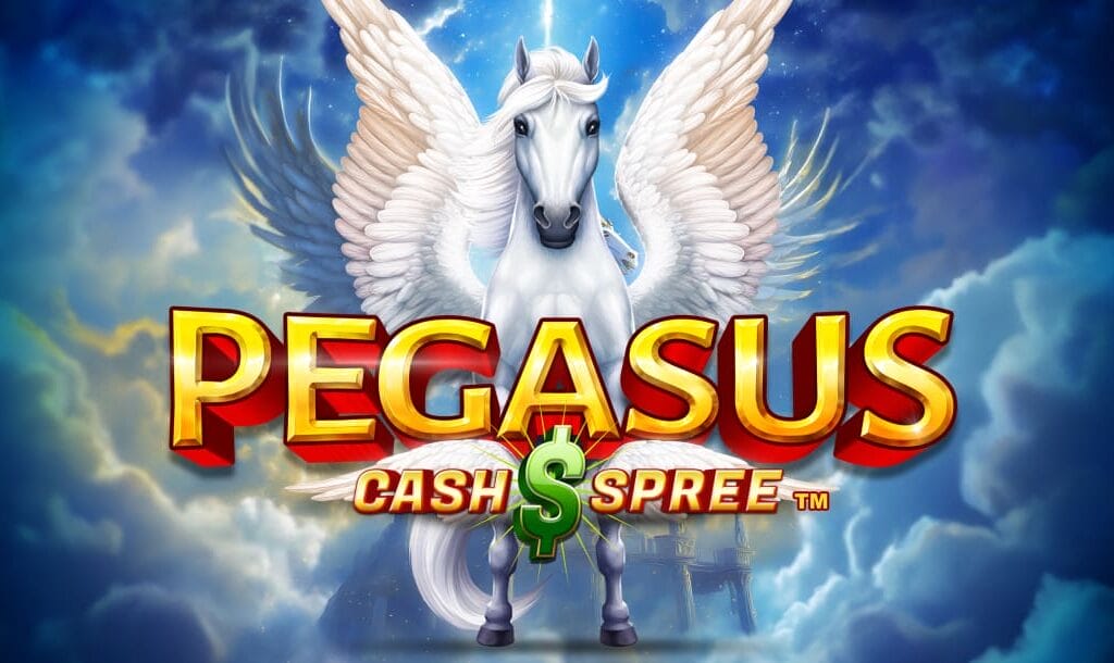 The Pegasus Cash Spree online slot title screen featuring the game logo in a bold gold and red font. A Pegasus is behind the logo with dark clouds in the background.