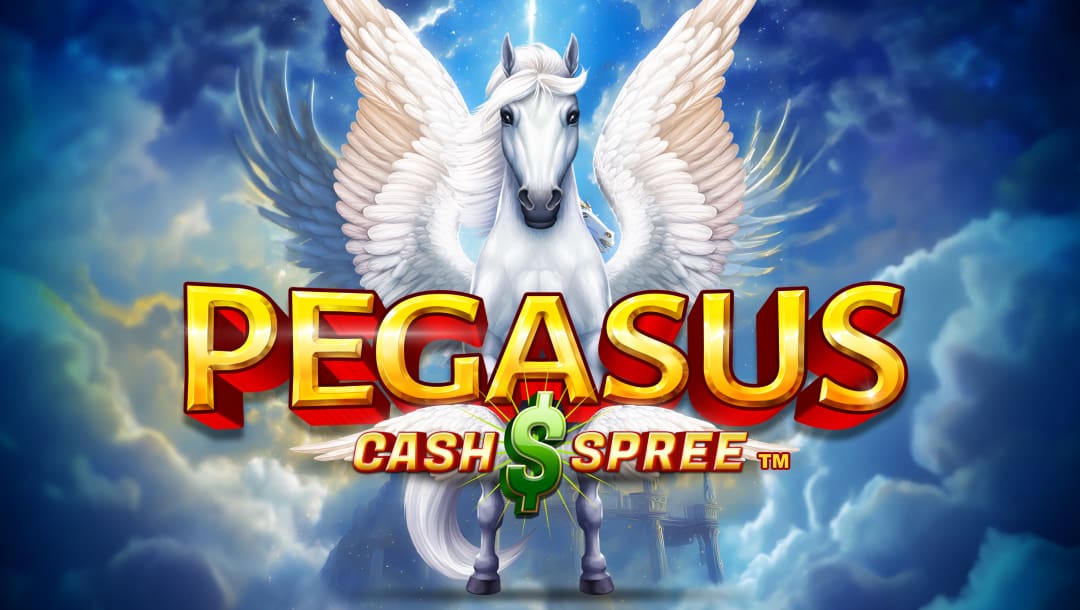 The Pegasus Cash Spree online slot title screen featuring the game logo in a bold gold and red font. A Pegasus is behind the logo with dark clouds in the background.