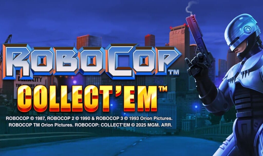 The Robocop: Collect 'Em online slot game banner. The title RoboCop is displayed in bold metallic blue letters, while Collect'Em is written in bright orange with a futuristic font. RoboCop, the armored cyborg police officer, is positioned on the right, holding his signature handgun. The background features a futuristic cityscape with tall buildings, some marked with OCP logos, under a blue-toned sky with a smoky atmosphere. Copyright information for RoboCop films and the game is displayed at the bottom.