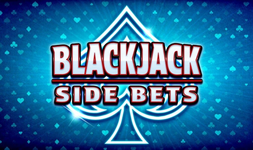 The Blackjack Side Bets online casino game banner featuring bold red and white text over a large spade symbol. The background is a vibrant blue with a subtle pattern of playing card suits, including hearts, diamonds, clubs, and spades. The design has a glowing effect, enhancing the casino-themed aesthetic.